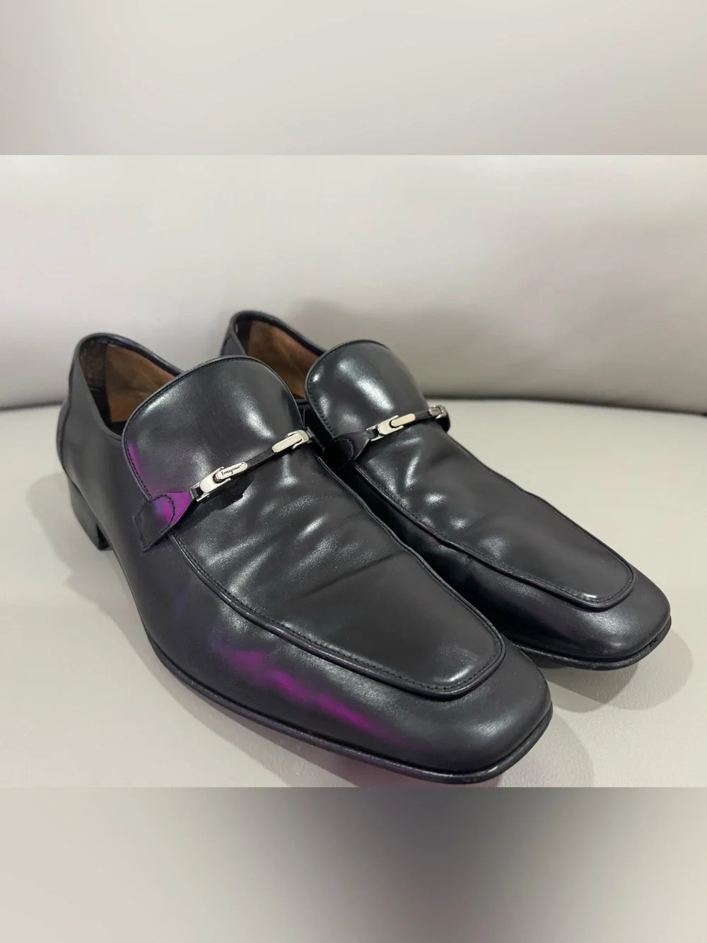 Salvatore Ferragamo Black Leather Slip-On Loafers with Silver Bit